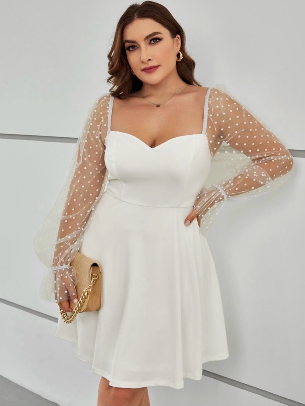 Elegant White Dress with Polka Dot Sheer Sleeves
